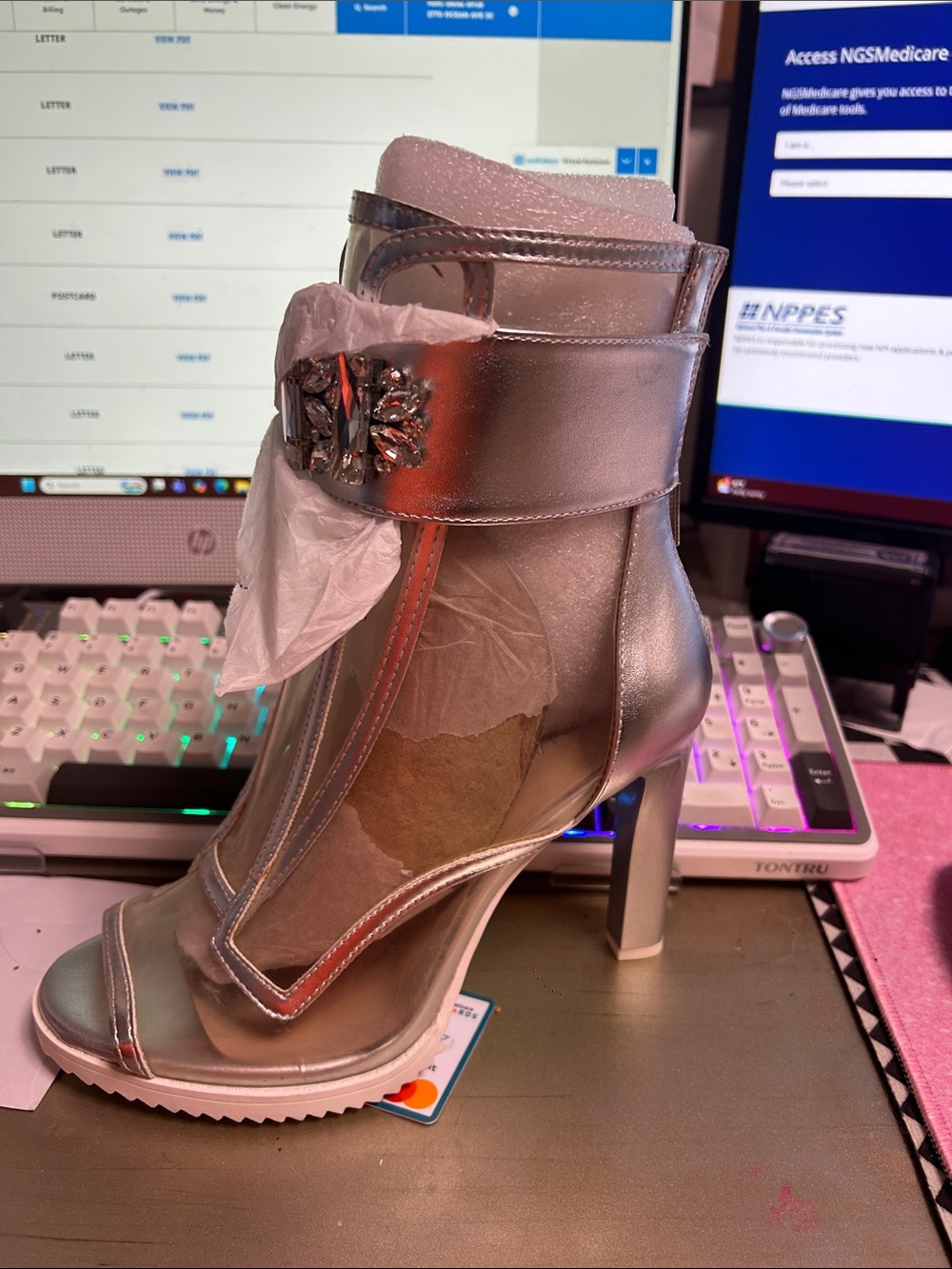Karl Lagerfeld Silver Metallic Open-Toe Heeled Ankle Bootie with Jewel Accent